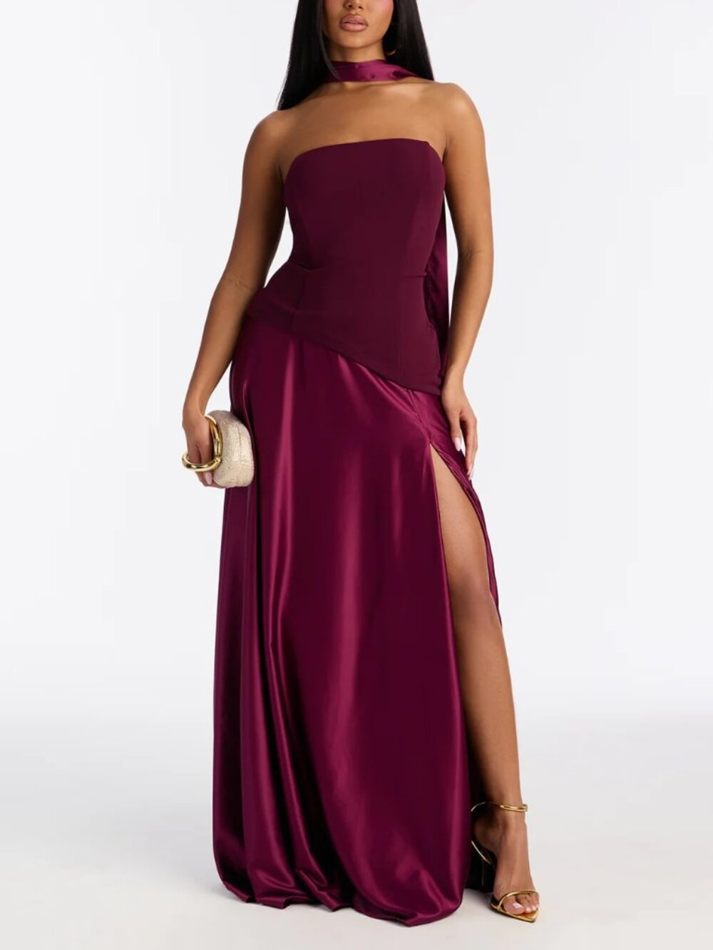 Burgundy Satin Scarf Maxi Gown – Women’s Size [SMALL] – Elegant Formal Dress